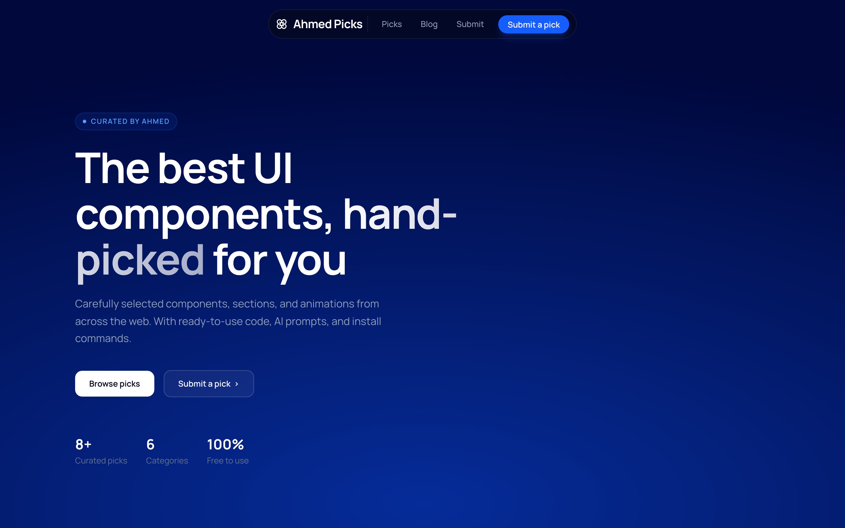 Dark navy hero section with the headline "The best UI components, hand-picked for you" and an electric-blue radial glow