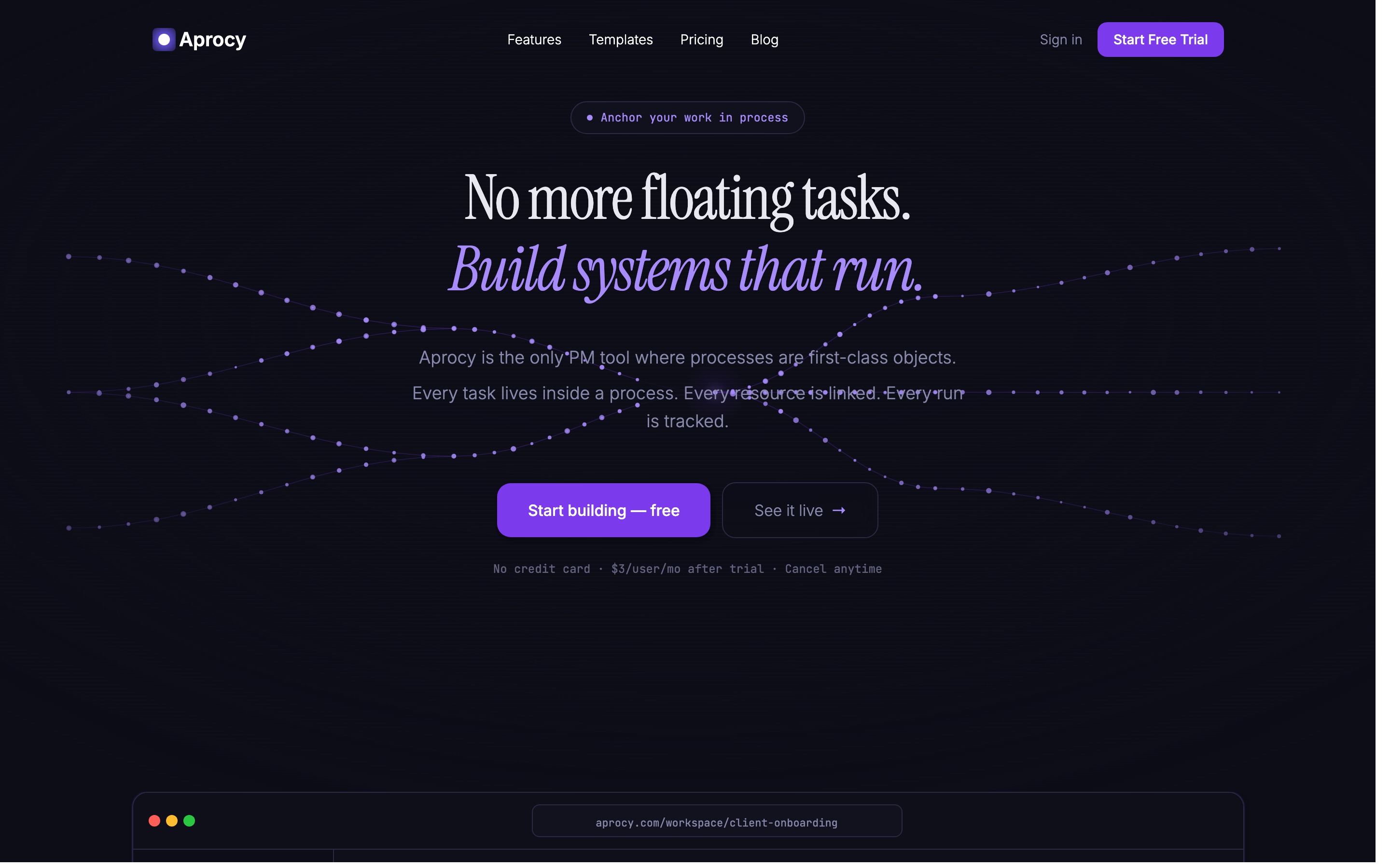 Aprocy landing page, "No more floating tasks. Build systems that run."
