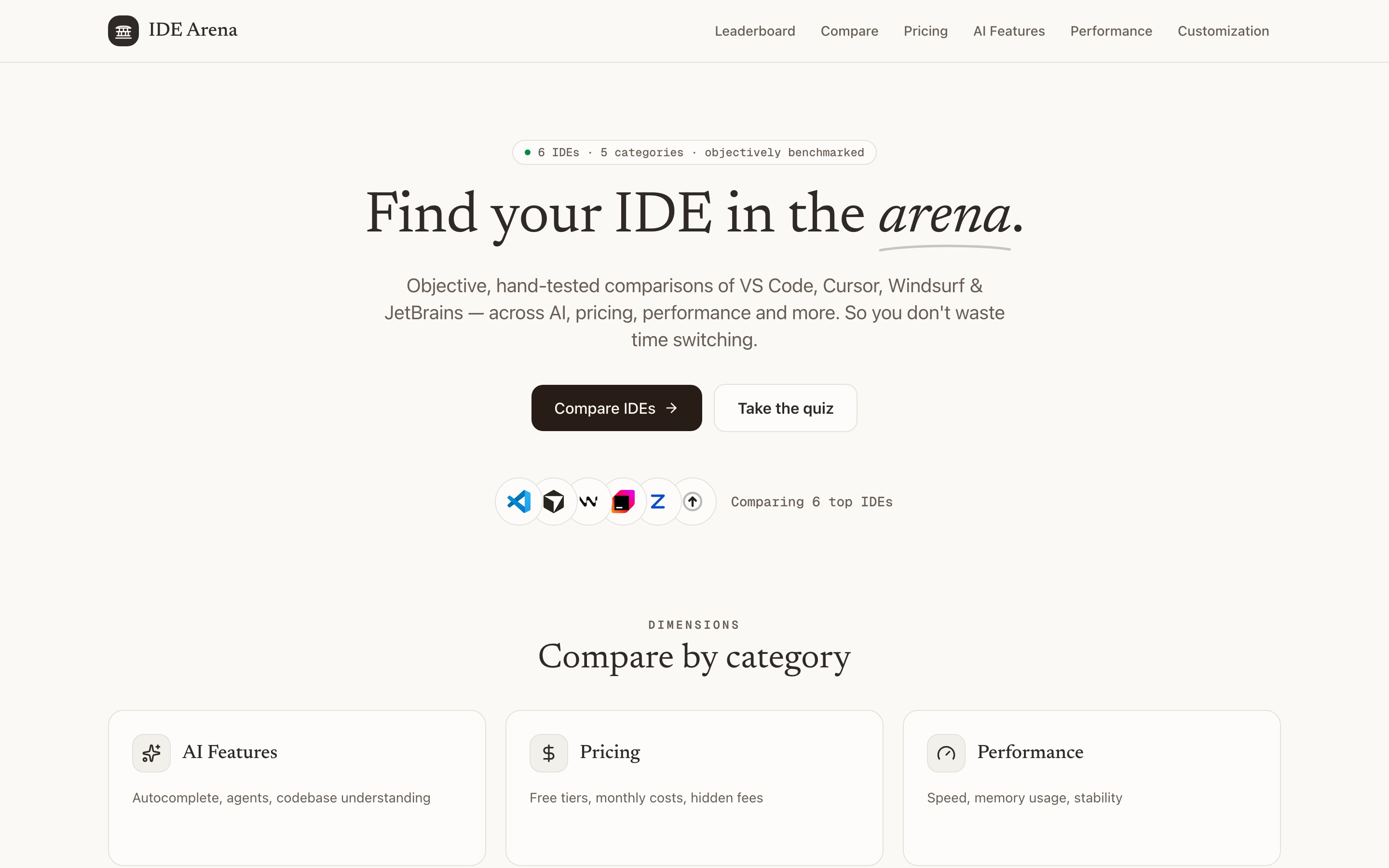 The IDE Arena landing page showing six IDE logos and a grid of comparison categories