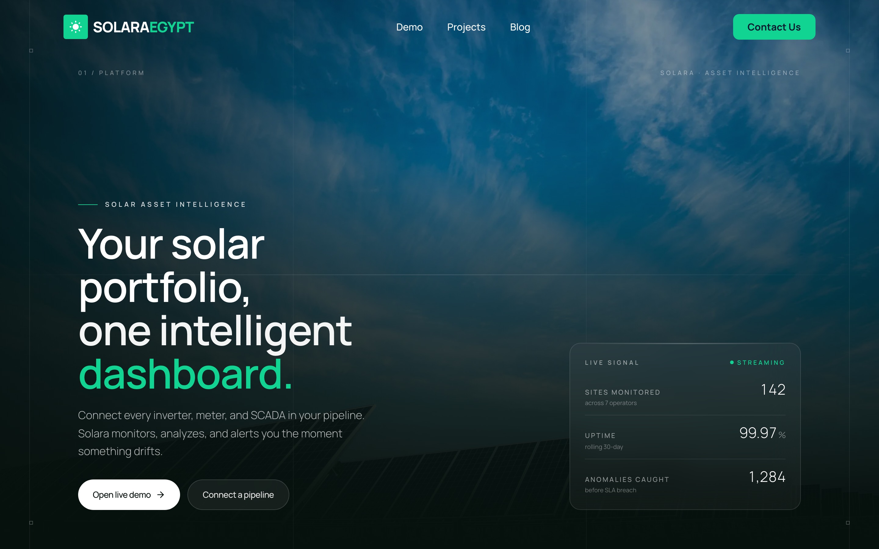 Solara Egypt hero, "Your solar portfolio, one intelligent dashboard" with a live signal widget showing 142 monitored sites