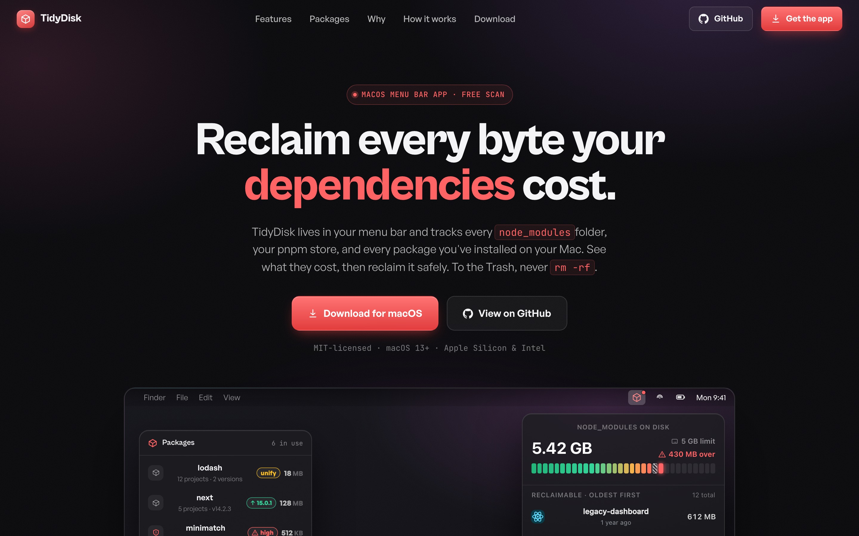 The TidyDisk landing page, "Reclaim every byte your dependencies cost." above a menu bar dropdown showing 5.42 GB of node_modules
